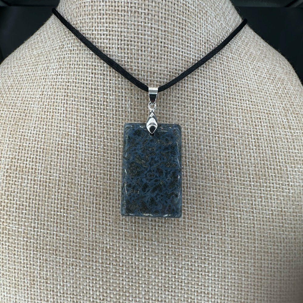 Marcasite in Quartz Pendant Necklace on Black Satin Rope